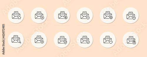 Mail line icon. Dollar, favorites, cross, plus, search, settings, minus, gps, tick .. Pastel color background. Vector line icon
