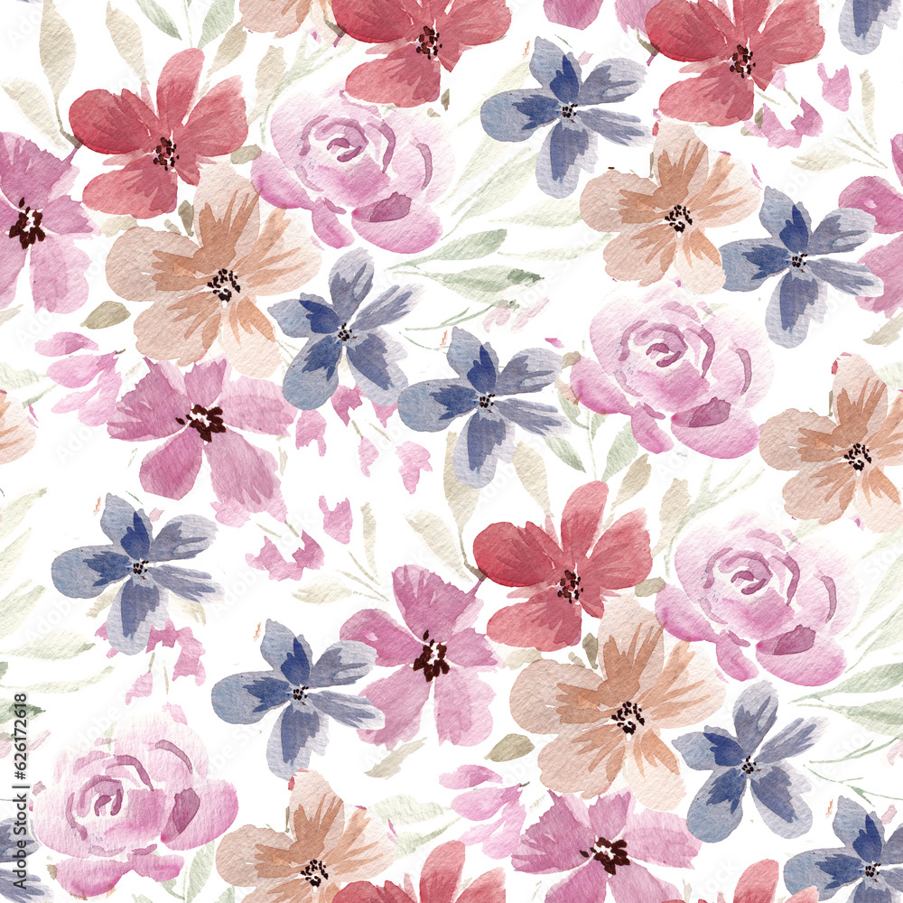 Vintage Pink and Blue Rose Watercolor Flower Seamless Pattern