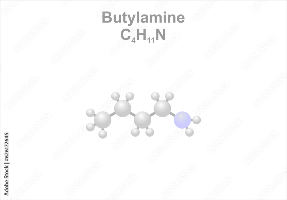 Simplified scheme of the butylamine molecule. Use as flavoring agent, and as precursor for e.g., pharmaceuticals.