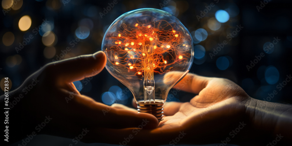 Fototapeta premium Hand of robotic holding Glowing colorful brain circuit in light bulb on big data processing. AI Generated