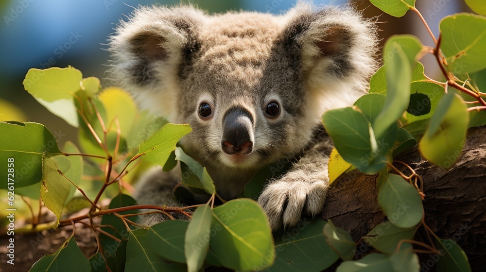 A Koala (Phascolarctos cinereus) munching on eucalyptus leaves in a tree in South Australia, its fluffy ears and round nose a charming sight against the green backdrop. A Koala (Phascolarctos cinereus) munching on eucalyptus leaves in a tree in South Australia, its fluffy ears and round nose a charming sight against the green backdrop.
