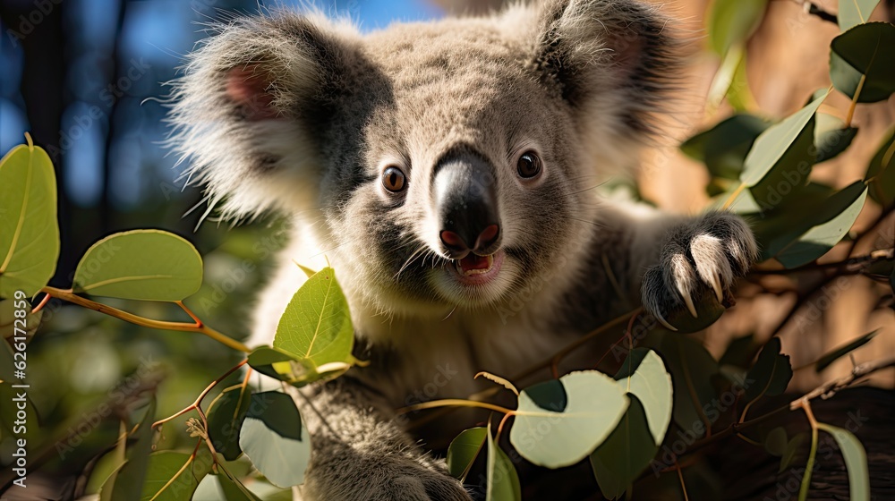 A Koala (Phascolarctos cinereus) munching on eucalyptus leaves in a tree in South Australia, its fluffy ears and round nose a charming sight against the green backdrop. A Koala (Phascolarctos cinereus) munching on eucalyptus leaves in a tree in South Australia, its fluffy ears and round nose a charming sight against the green backdrop.