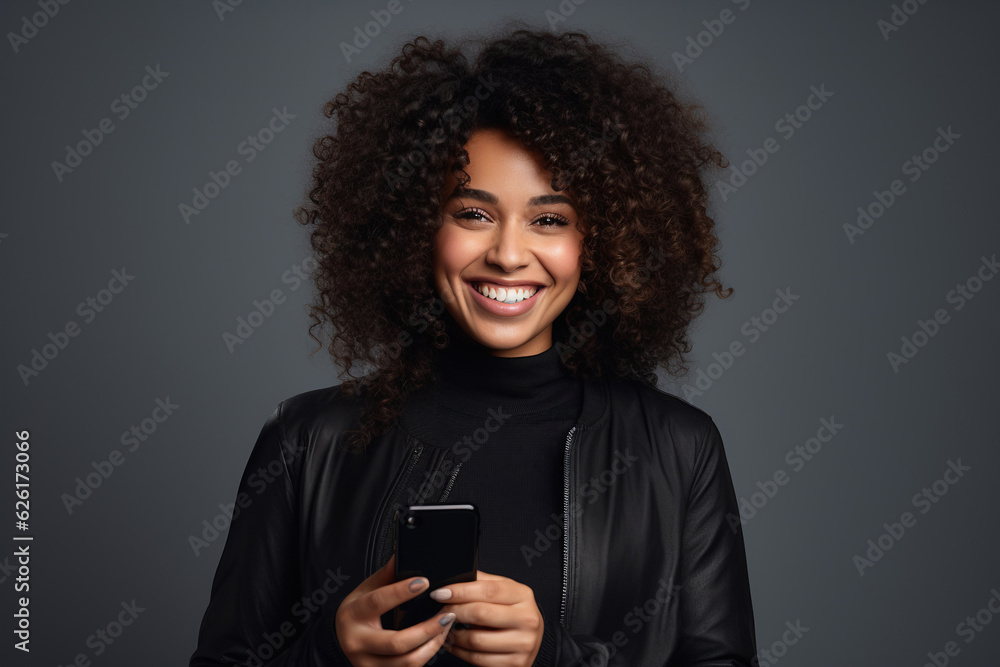 Black woman with phone on studio background . AI Generated Black woman with phone on studio background . AI Generated
