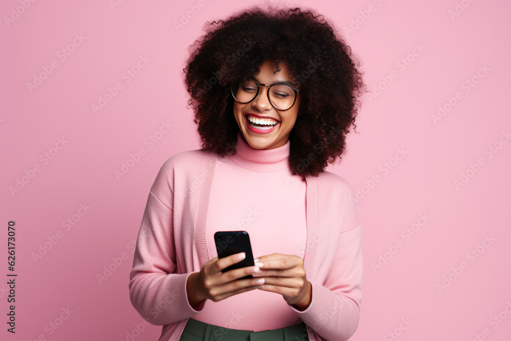 Black woman with phone on studio background . AI Generated Black woman with phone on studio background . AI Generated