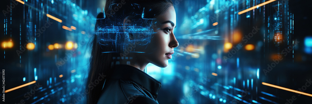 Fototapeta premium Business and Data Protection, Biometric security identify, face recognition online. AI Generated