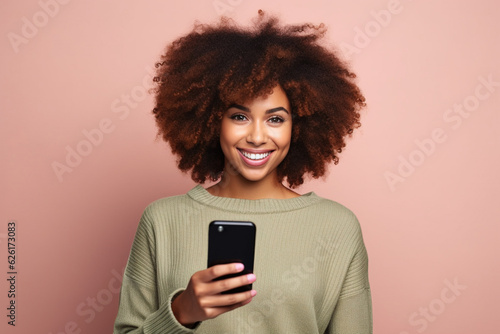 Black woman with phone on studio background . AI Generated