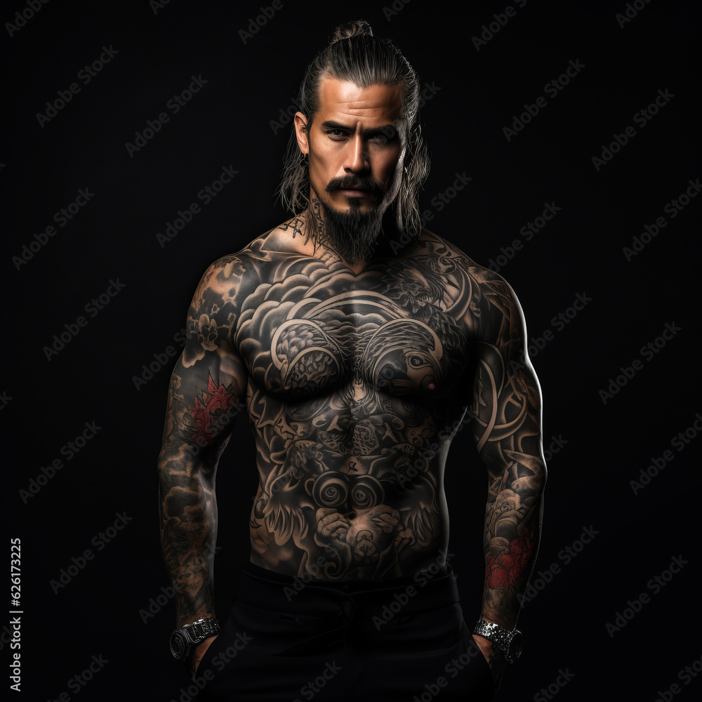 Confident man with muscular body tattooed on black background. AI Generated