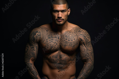 Confident man with muscular body tattooed on black background. AI Generated