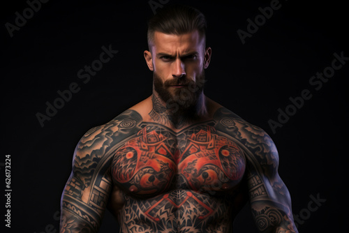 Confident man with muscular body tattooed on black background. AI Generated