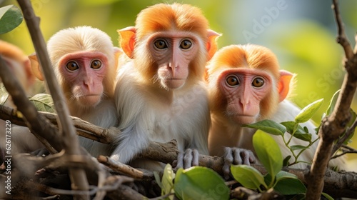 A group of Proboscis Monkeys (Nasalis larvatus) feeding in the mangroves of Borneo, their large noses and potbellies a comical sight amongst the foliage. photo