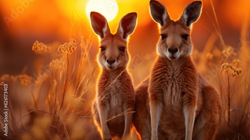 A Kangaroo (Macropus) and her joey grazing in the grasslands of Australia's Outback at sunset, their silhouettes a heartwarming sight against the orange sky.