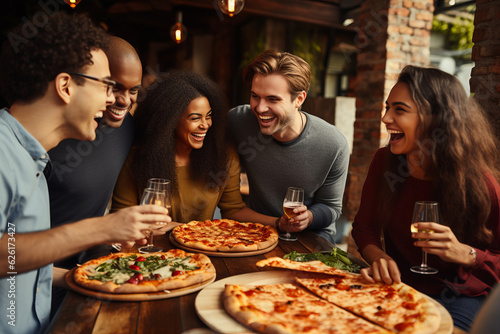 group of friends having pizza. AI Generated