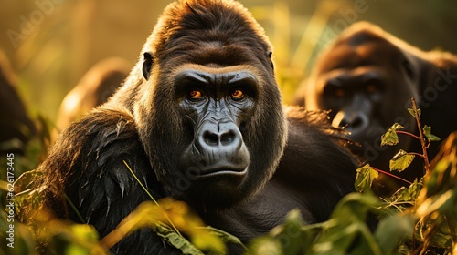 A troop of mountain gorillas (Gorilla beringei beringei) in Uganda's Bwindi Impenetrable Forest, the dominant silverback standing protectively over his family, the misty morning light filtering throug photo