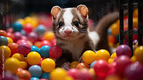 A Ferret (Mustela putorius furo) playing with toys in a playpen, its mischievous expressions and slender body making it a fun and engaging pet. © blueringmedia