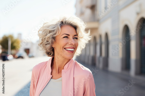 Happy attractive mature woman in the city . AI Generated