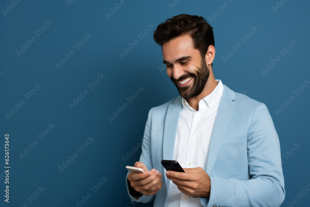 man with phone on blue background. AI Generated man with phone on blue background. AI Generated