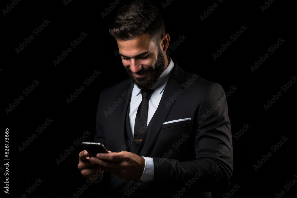 man with phone on black background. AI Generated man with phone on black background. AI Generated