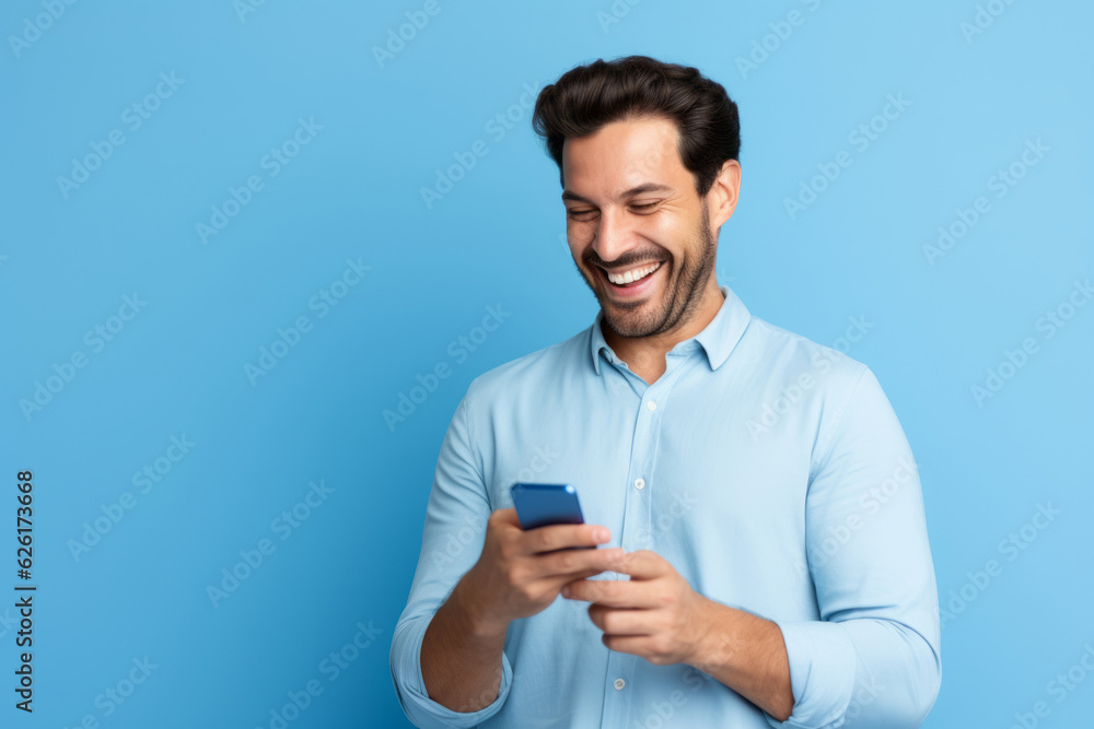 man with phone on blue background. AI Generated man with phone on blue background. AI Generated