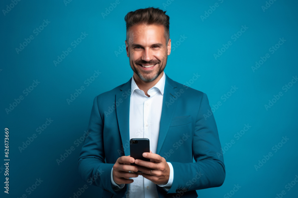 man with phone on blue background. AI Generated man with phone on blue background. AI Generated