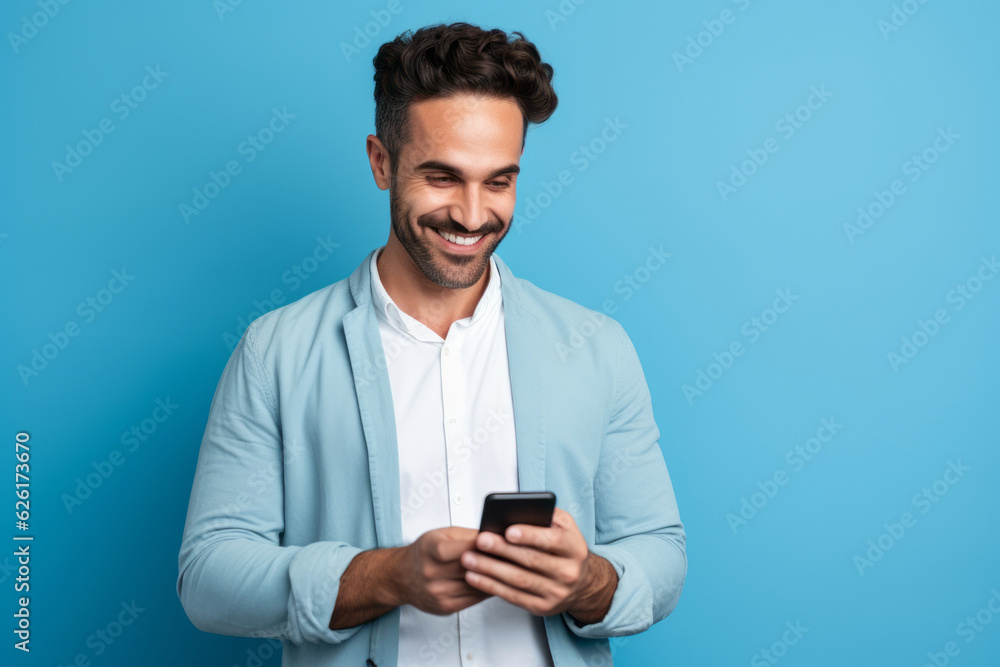man with phone on blue background. AI Generated man with phone on blue background. AI Generated