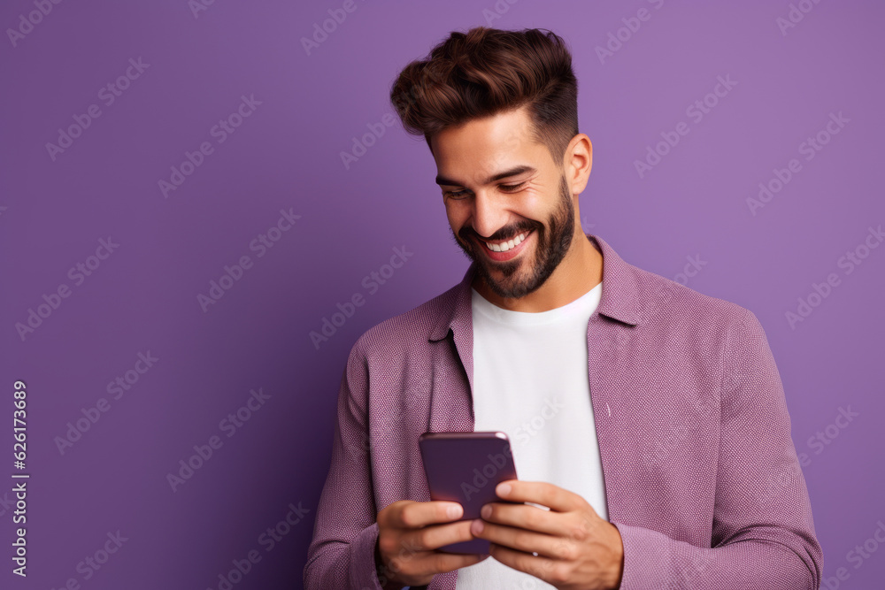man with phone on purple background. AI Generated man with phone on purple background. AI Generated