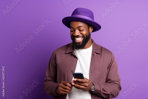 man with phone on purple background. AI Generated © AI_images
