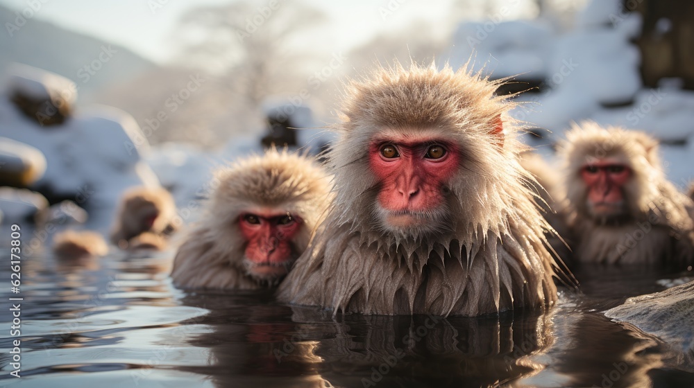 Fototapeta premium A group of Japanese Macaques (Macaca fuscata) bathing in the hot springs in Nagano, their reddish faces and thick fur a heartwarming sight against the snowy landscape.