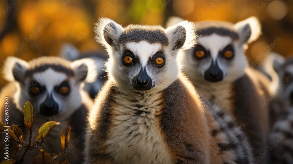 Obraz premium A group of Ring-tailed Lemurs (Lemur catta) sunbathing in the forests of Madagascar's Isalo National Park, their striped tails and orange eyes a striking image.