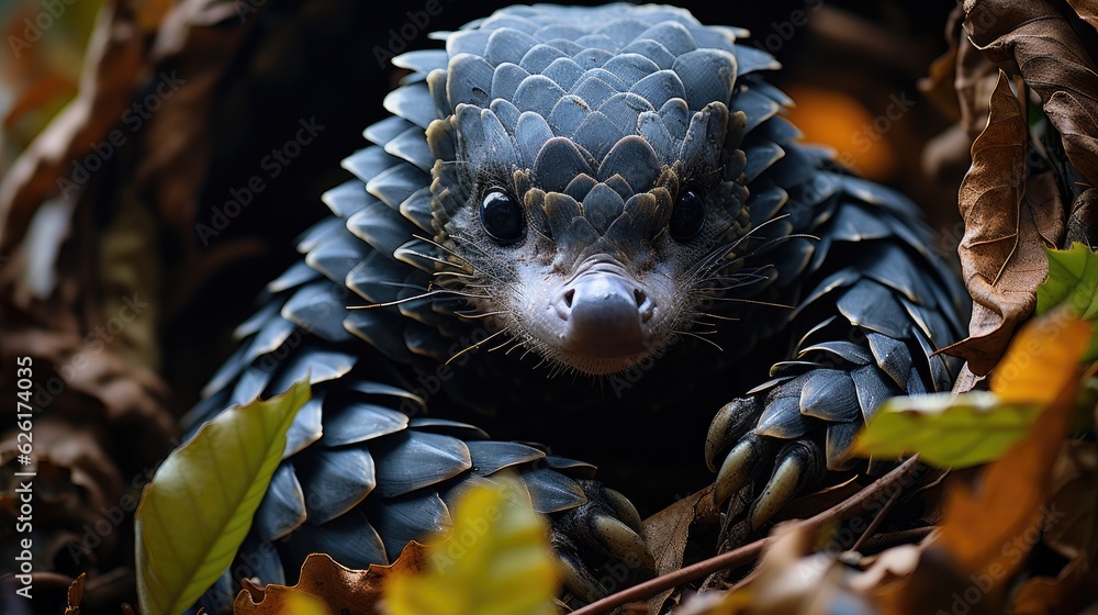 A pangolin (Manis) curling into a ball in the forests of Vietnam, its ...