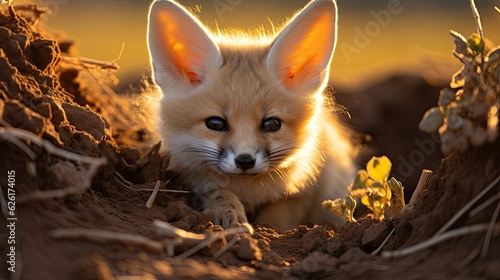 A Fennec fox (Vulpes zerda) emerging from its burrow in the Sahara desert, its large ears and golden coat catching the light of the setting sun. photo