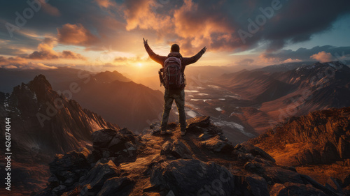 Success man hiker hiking on sunrise mountain peak. AI Generated © AI_images