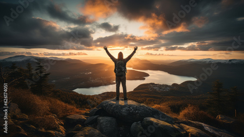 Success man hiker hiking on sunrise mountain peak. AI Generated