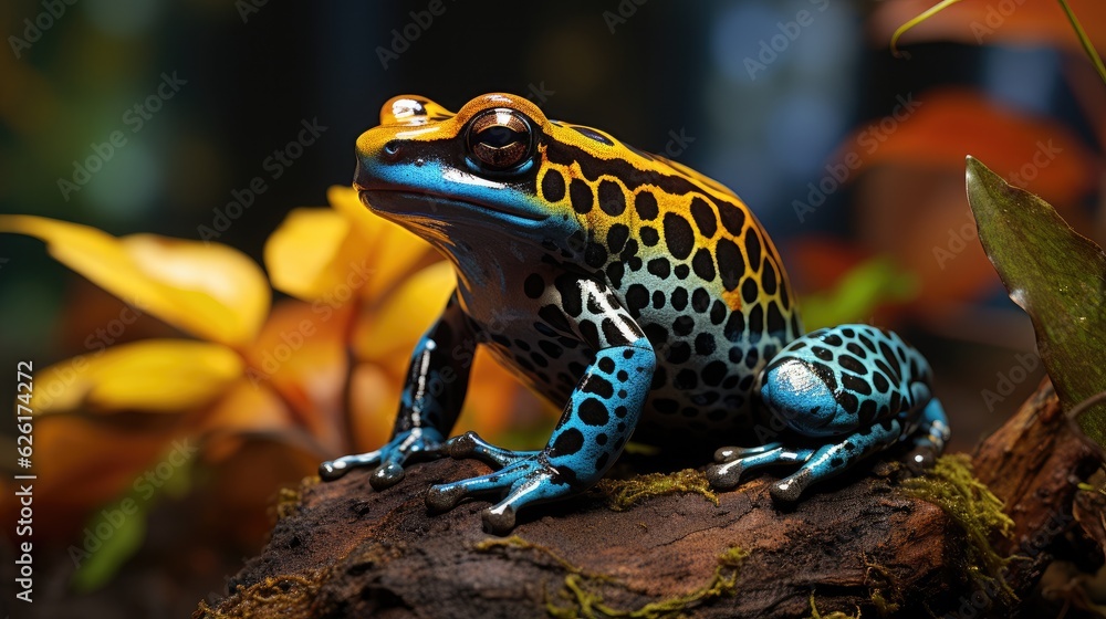 Obraz premium An Amazonian poison dart frog (Dendrobates tinctorius) on the forest floor of French Guiana, its vibrant blue and black skin a warning to predators and a delight to the eye.