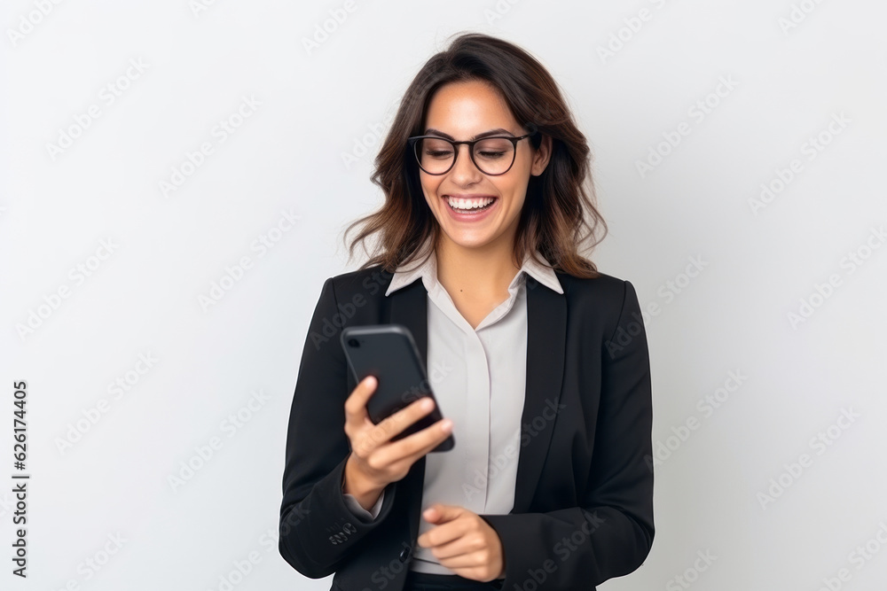 woman with phone on white background. AI Generated woman with phone on white background. AI Generated