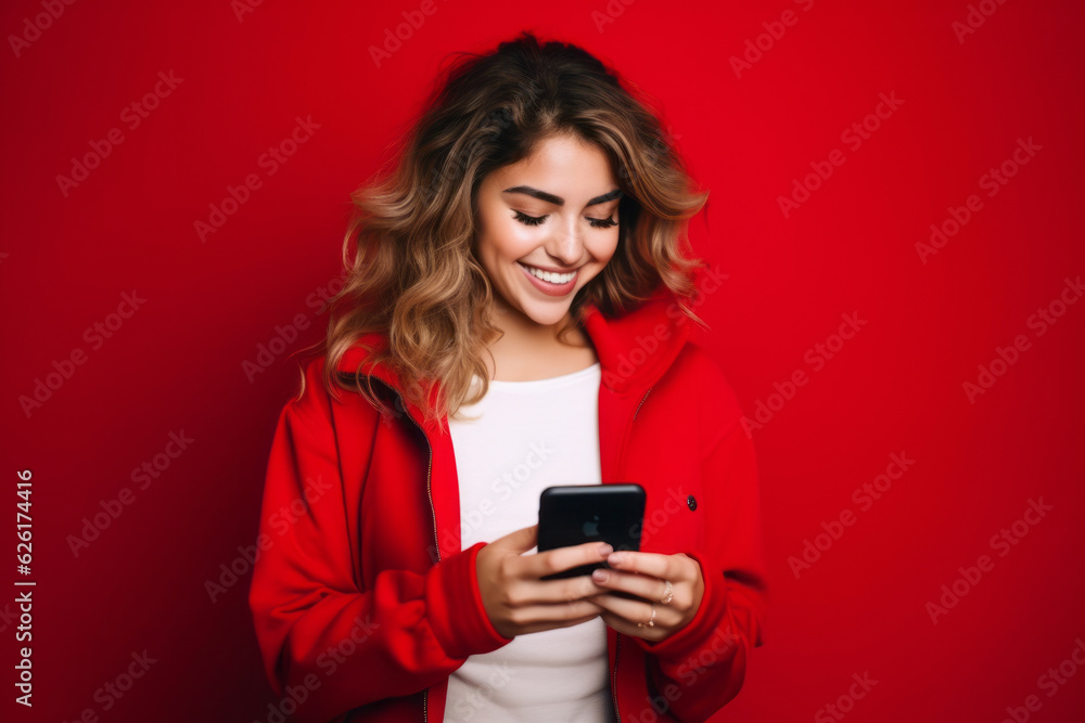 woman with phone on red background. AI Generated woman with phone on red background. AI Generated