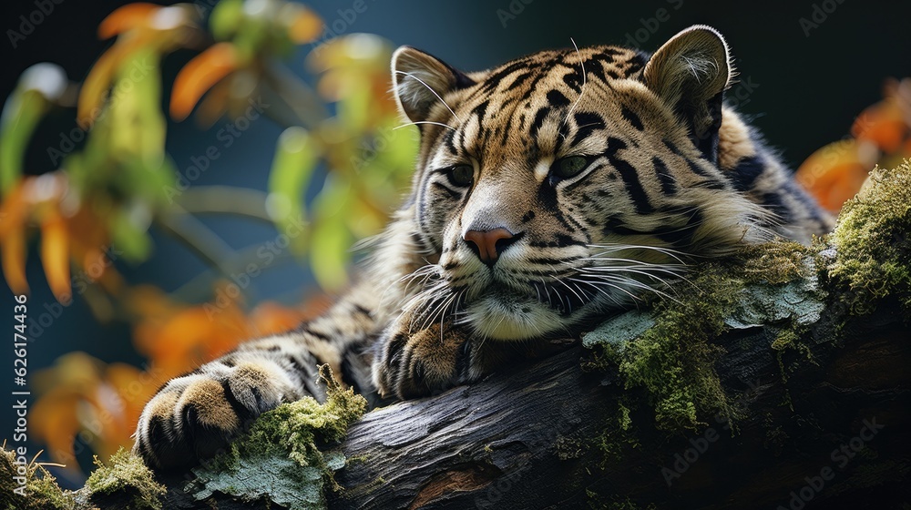 A clouded leopard (Neofelis nebulosa) lounging on a branch in Borneo's Danum Valley, its beautiful cloud-patterned coat and long tail a vision of elusive beauty.