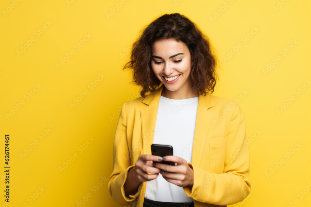 woman with phone on yellow background . AI Generated woman with phone on yellow background . AI Generated
