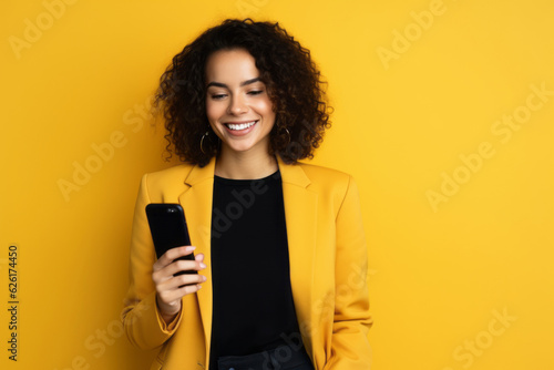 woman with phone on yellow background . AI Generated