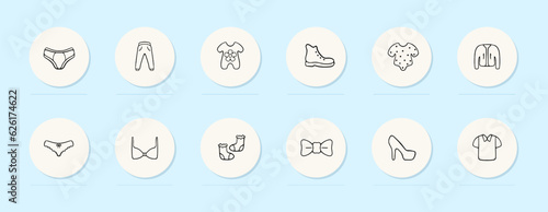 Women's clothing line icon. Pajamas, underwear, pants, boots, shoes, bra, socks. Pastel color background. Vector line icon