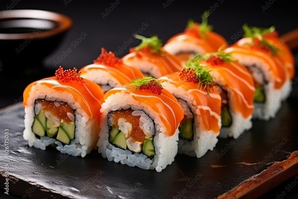 Delicious sushi rolls on black table Japanese food. AI Generated