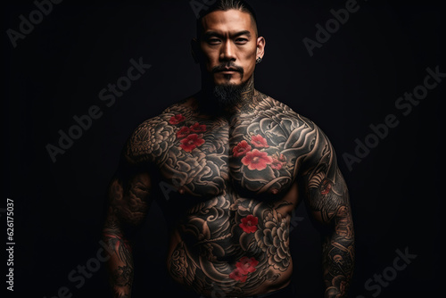 Confident man with muscular body tattooed on black background. AI Generated