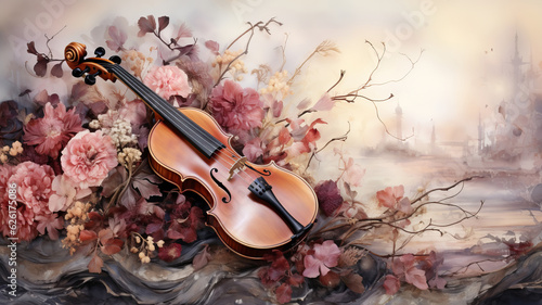 Canvas Print background watercolor style romance roses petal and vintage Violin AI Generated