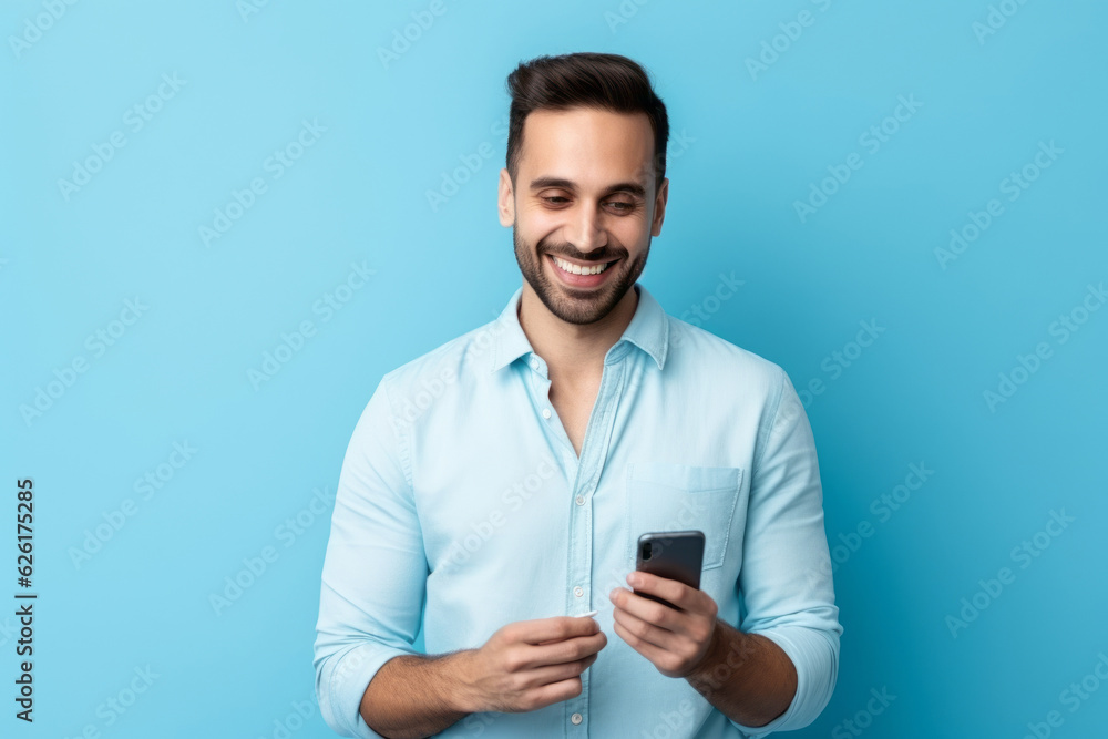 man with phone on blue background. AI Generated man with phone on blue background. AI Generated