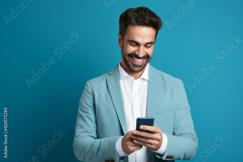 man with phone on blue background. AI Generated