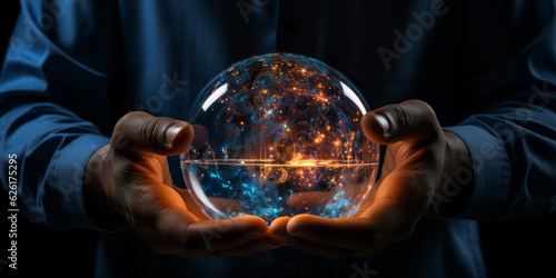 Man hold earth energy at night on tablet depicting the issue and reduce CO2 emissions carbon. Global warming and climate change. Energy saving, Sustainable development. Earth day. AI Generated