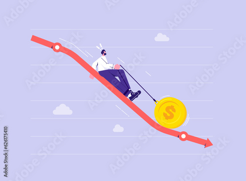 Dollar currency price falling down, de dollarization crisis or bankruptcy problem, fluctuation and uncertainty concept, businessman falling down in big golden coin tied to leg with chains