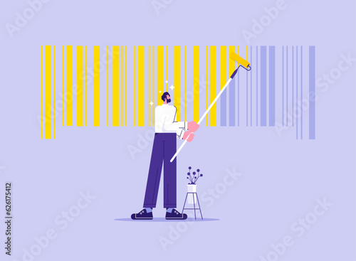 Businessman painting barcode, concept of rebranding as marketing strategy, change of brand identity corporate image, trademark, flat vector illustration 