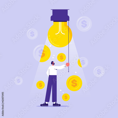 Concept of business idea of increasing profit, business idea to make money, gain profit or create sales, businessman open lightbulb idea for make money
