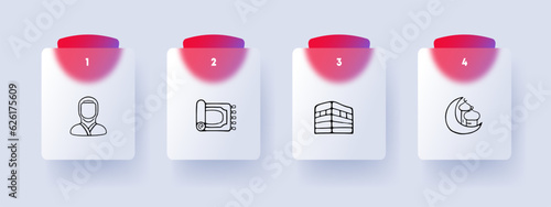 Religion line icon. Quran, islam, veil, carpet, namaz, mosque, halal, sharia. Glassmorphism style. Vector line icon for Business