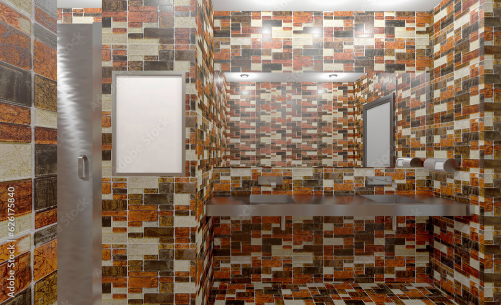 Clean public toilet room empty with wooden partition. 3D rendering.. Blank paintings.  Mockup.